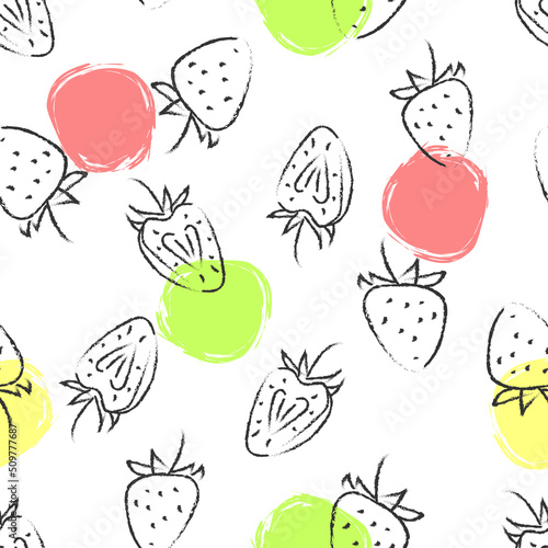 Seamless pattern with strawberries and multicolored shapes