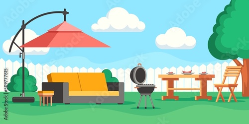 Backyard patio. Cartoon summer garden with lounge outdoor furniture and barbecue grill, outside house terrace or veranda scene. Vector illustration