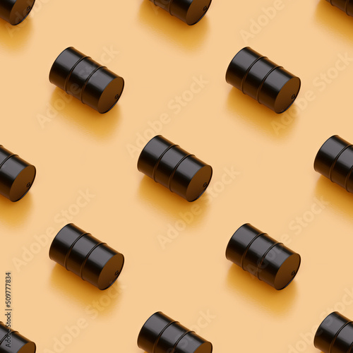 seamless texture of Petrol Oil barrels. Falling prices, rising oil prices during military conflicts 3d rendering