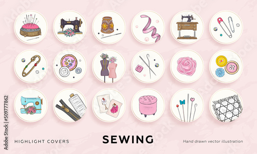 Set of highlight covers for social media stories. Round icons with sewing elements. Designed for social pages, tailor shop, seamstress, atelier