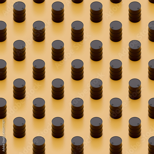 Oil barrels seamless isometric pattern, natural resources stock market concept. Falling prices, rising oil prices during military conflicts 3d rendering