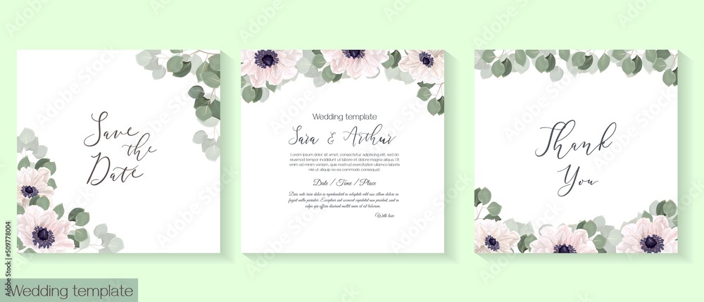 Vector herbal wedding invitation template. White anemones, green plants and leaves, eucalyptus. All elements can be isolated.