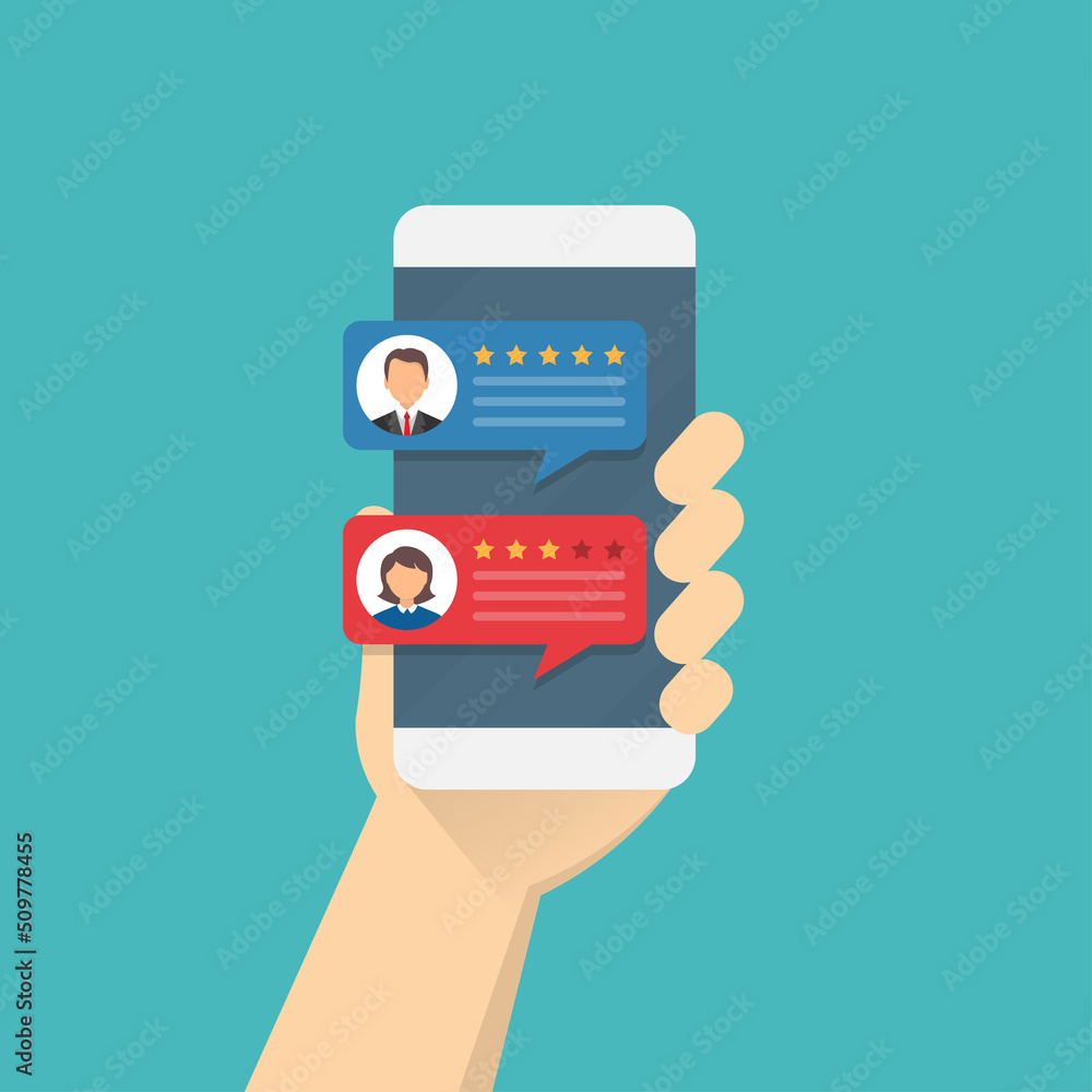 smartphone in hand. customer feedback. rating on mobile phone screen. viewing rating on speech bubbles. smartphone in hand. customer feedback. rating on mobile phone screen. viewing rating on speech bubbles.