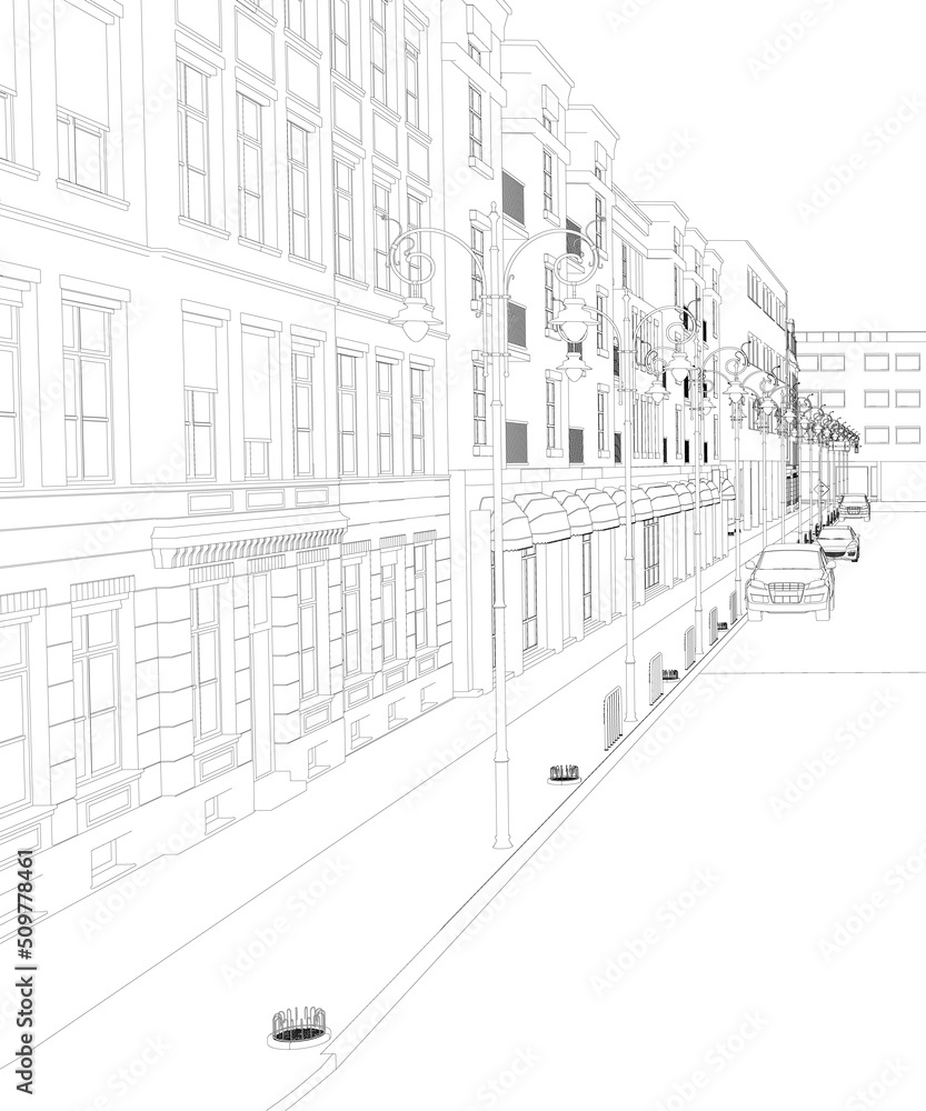 The contour of the street with houses and cars from black lines isolated on a white background. Vector illustration.