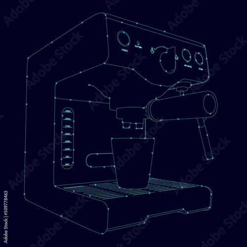 Outline of a coffee machine from blue lines with glowing lights isolated on a dark background. Vector illustration.