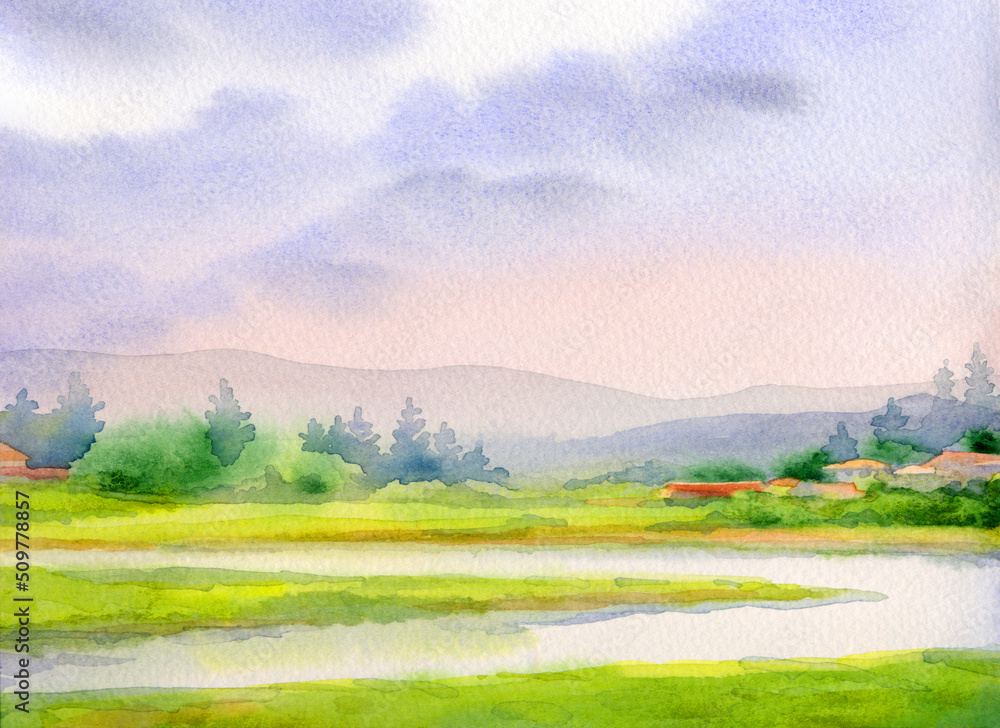 Watercolor landscape. Village by the river Watercolor landscape. Village by the river