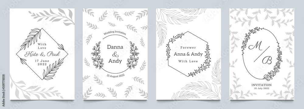 Wedding minimalistic card. Invitation template with floral frames and foliage ornamental decorative elements. Vector set of simple cards with flower borders
