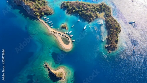 Stable drone shot from above of Yassıca islands in Göcek town of Muğla province photo
