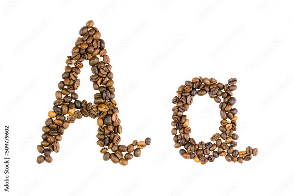 Capital and small letter A of coffee beans on an isolated white background. Template for logo design. English, German alphabet from handmade coffee. Capital and small letter A of coffee beans on an isolated white background. Template for logo design. English, German alphabet from handmade coffee.
