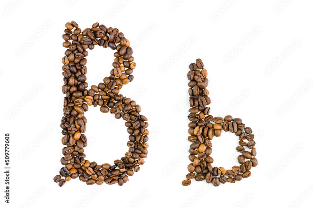 Capital and small letter B of coffee beans on an isolated white background. Template for logo design. English, German alphabet from handmade coffee. Capital and small letter B of coffee beans on an isolated white background. Template for logo design. English, German alphabet from handmade coffee.