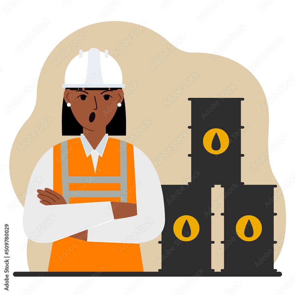 Oil barrels and a screaming oilwoman. Oil industry and worker or engineer in special clothes and helmet. Oil barrels and a screaming oilwoman. Oil industry and worker or engineer in special clothes and helmet.