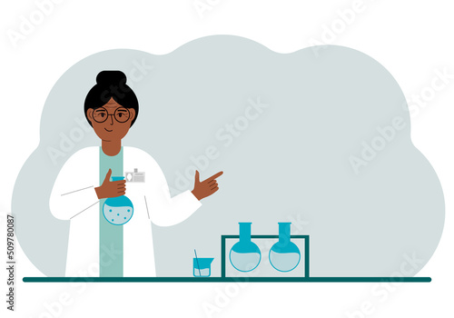Female scientist with flasks. Experimental scientist, laboratory assistant, biochemistry, chemical, scientific research.
