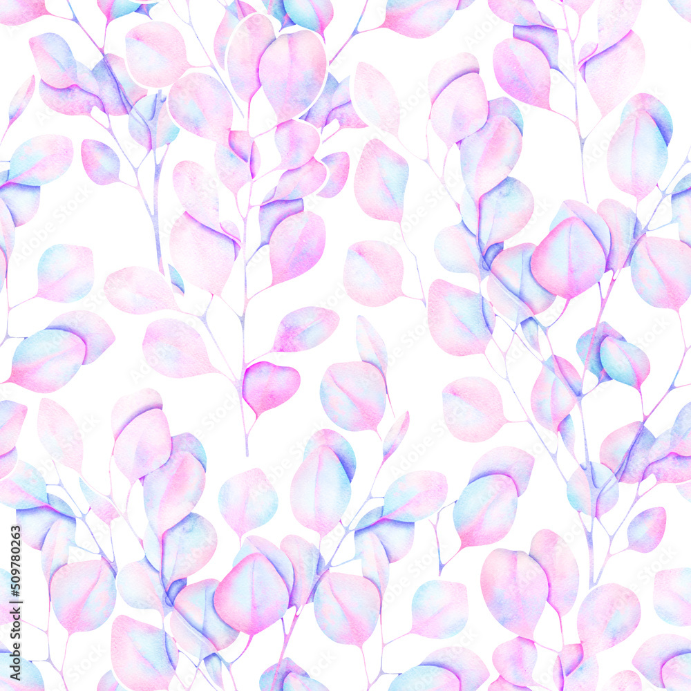 Seamless pastel watercolor pattern - eucalyptus leaves and branches on background with watercolor effect, botanical illustration. Seamless pastel watercolor pattern - eucalyptus leaves and branches on background with watercolor effect, botanical illustration.