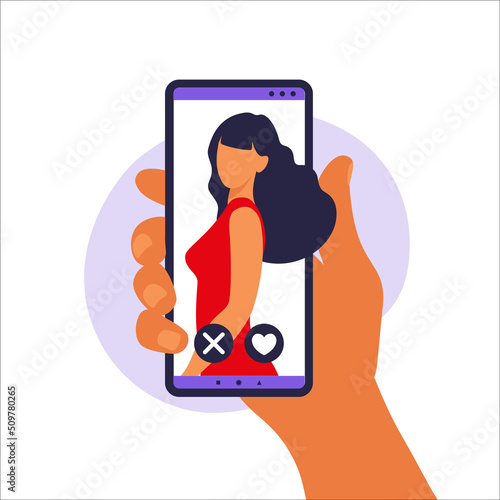 Dating app. Mobile dating app for finding new friends, hook-ups and romantic partners. Illustration of human hand holding smartphone with foto girl. Vector illustration in flat.