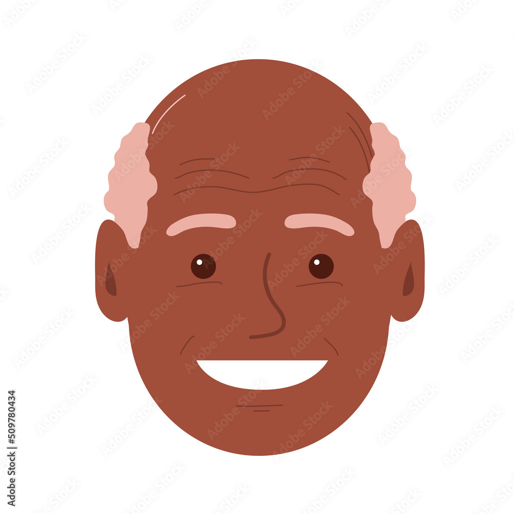 Portrait of a old young man with a happy smile. African American grandfather face with glasses. Gray hair. Flat vector illustration of a male head. Isolated on white background Portrait of a old young man with a happy smile. African American grandfather face with glasses. Gray hair. Flat vector illustration of a male head. Isolated on white background
