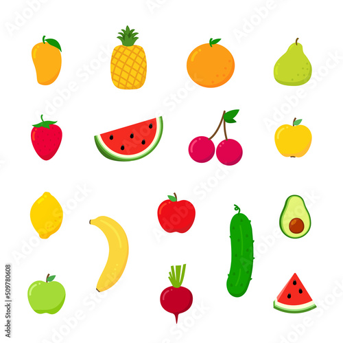 Set fruits are apple  banana  orange  pear  pineapple  strawberry and lemon.