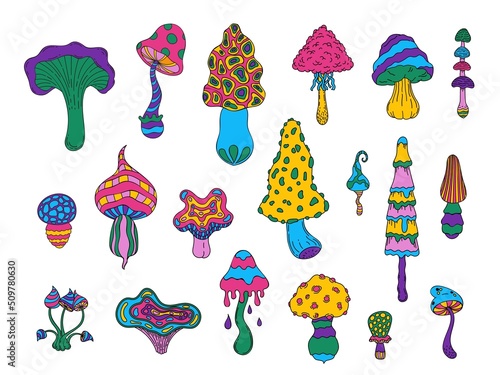 Psychedelic colored mushrooms. Doodle toadstool amanita chanterelle fantasy hallucinogenic clip art, fairy hippie forest plants. Vector set