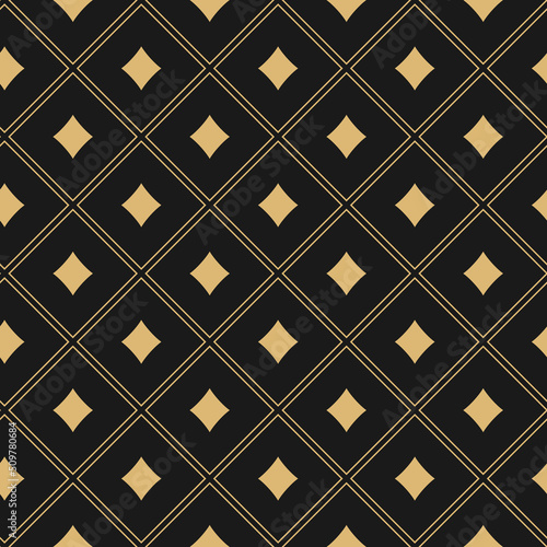 Seamless pattern with golden card diamonds. Casino gambling, poker background. Alice in wonderland ornament. Fantasy wallpaper.