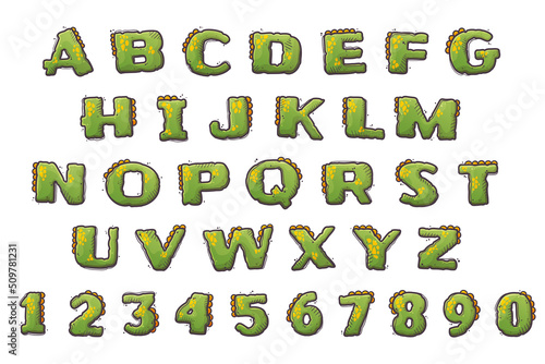 Cartoon dinosaur style alphabet. Font from letters and numbers covered in dinosaur skin. Dino lettering. Isolated objects for books, textile, cards. Vector cartoon style illustration.