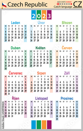 Czech vertical pocket calendar for 2023. Week starts Sunday
