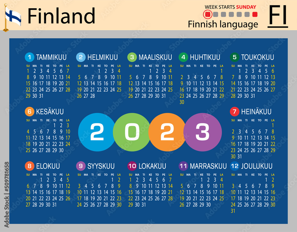 Finnish horizontal pocket calendar for 2023. Week starts Sunday Stock