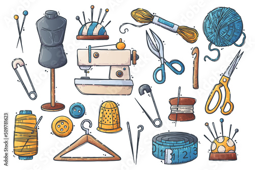 Handmade crafts. Collection creative accessories, consumables and tools, hobbies workshop items. Sewing machine, yarn. Set objects for embroidery, sewing and knitting. Vector hand drawn illustration.