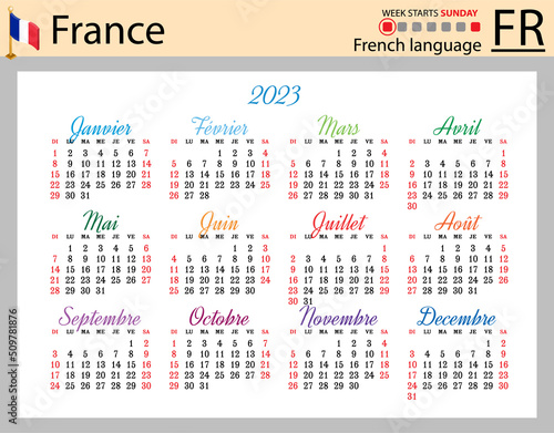 French horizontal pocket calendar for 2023. Week starts Sunday