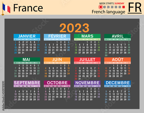 French horizontal pocket calendar for 2023. Week starts Sunday