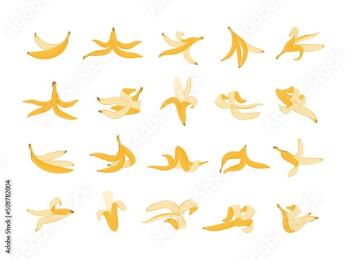 Banana peel. Cartoon organic waste template, colorful yellow flat banana skin, healthy food and diet failure concept. Vector fruit garbage isolated set
