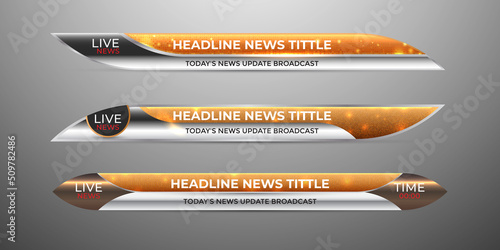 Broadcast news lower third modern banner template gold, white and silver color theme for television, video and media channel