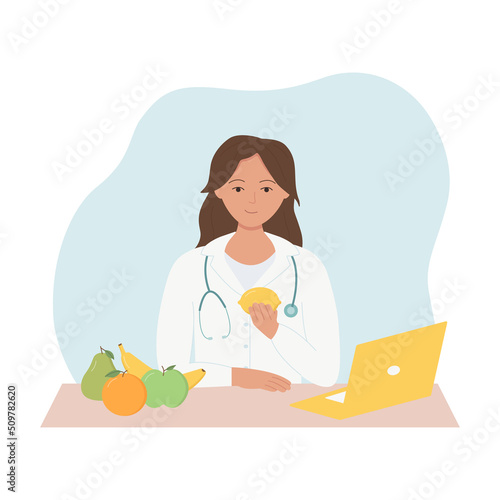 Nutritionist doctor concept with fresh fruits. Dietician woman recommends a healthy diet. Vector illustration in flat style
