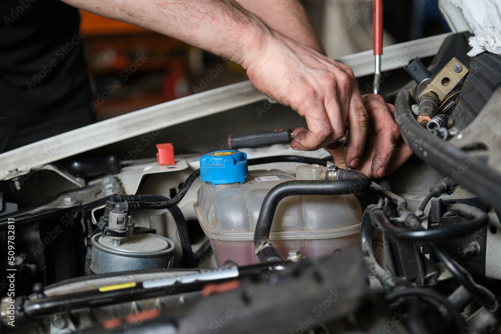 Car mechanic hands replacing antifreeze container. Mechanics workshop. Car mechanic hands replacing antifreeze container. Mechanics workshop.