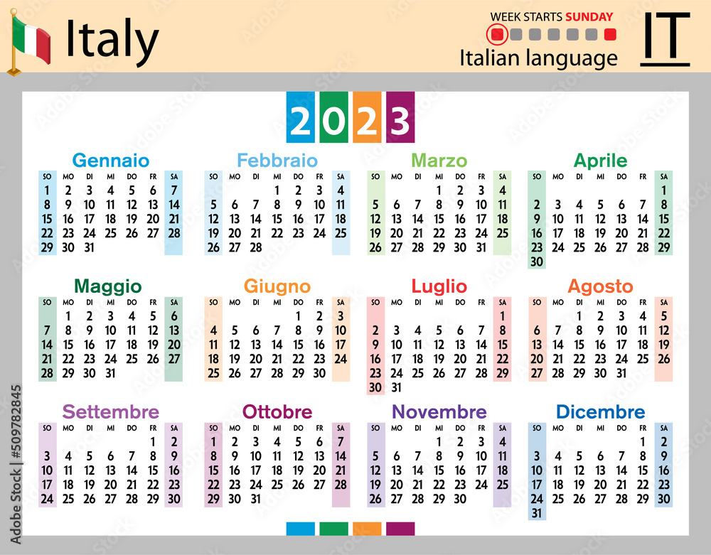 Italian horizontal pocket calendar for 2023. Week starts Sunday Stock ...