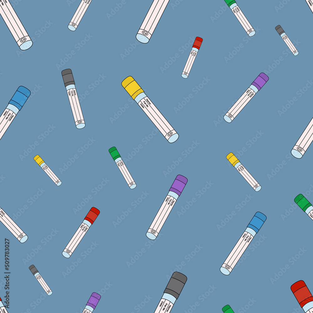 Test tubes. Empty vacuum test tubes for examining patients' blood tests. Seamless vector pattern. Infinitely repeating medical ornament. Isolated blue background. Lids in different colors. Tube info. Test tubes. Empty vacuum test tubes for examining patients' blood tests. Seamless vector pattern. Infinitely repeating medical ornament. Isolated blue background. Lids in different colors. Tube info.