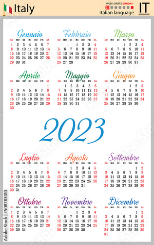 Italian vertical pocket calendar for 2023. Week starts Sunday