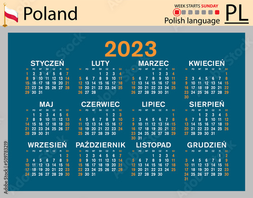 Polish horizontal pocket calendar for 2023. Week starts Sunday