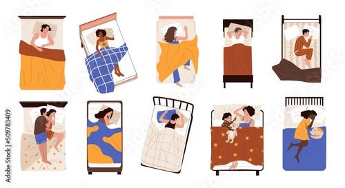 People under blanket. Cartoon characters sleeping in their bed in different poses, young adult and old persons lying dreaming and resting. Vector isolated set