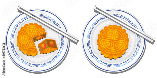 Illustration vector isolated of mooncake top view  on plate or table on mid autumn festival concept