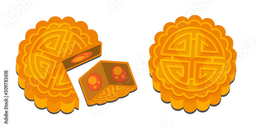 Illustration vector isolated of mooncake top view  on plate or table on mid autumn festival concept