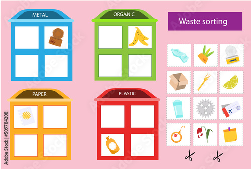 Waste sorting educational children game. Match trash with bin. Sorter activity for kids. Learning Garbage segregation
