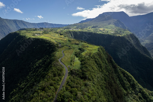 Aerial view of a road on mountain at Grand Coude (Saint-Joseph), Reunion Island