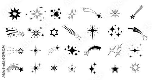 Falling meteor. Abstract silhouette of shooting star, flying meteorite with tail silhouette. Vector isolated comet shape set