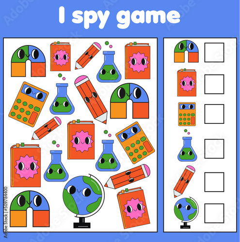 I spy game. Find and count objects. Back to school theme activity for kids, toddlers, children
