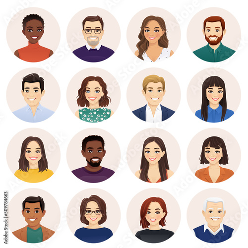 Smiling multiethnic diversity people avatar set. Different men and women characters collection. Isolated vector illustration.