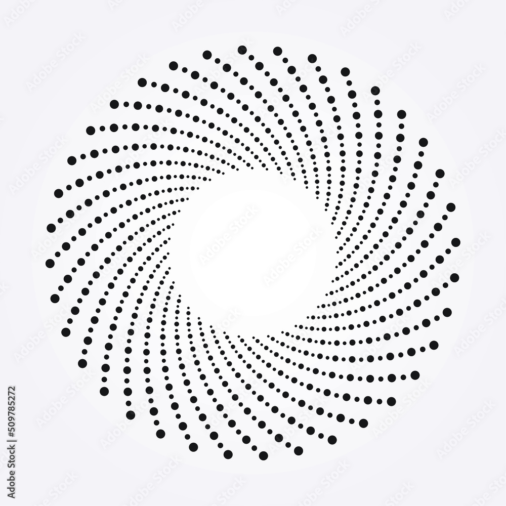 Abstract dotted object. Dotted round logo. Halftone swirl pattern. Halftone dots circle texture. Abstract circle pattern. Vector art illustration. Halftone design element.