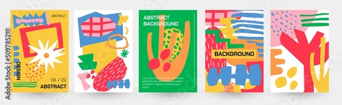 Abstract art posters. Banners with organic shapes and nature minimalistic florist textures, flyer and book cover template with chaotic blob brush scribbles. Vector set