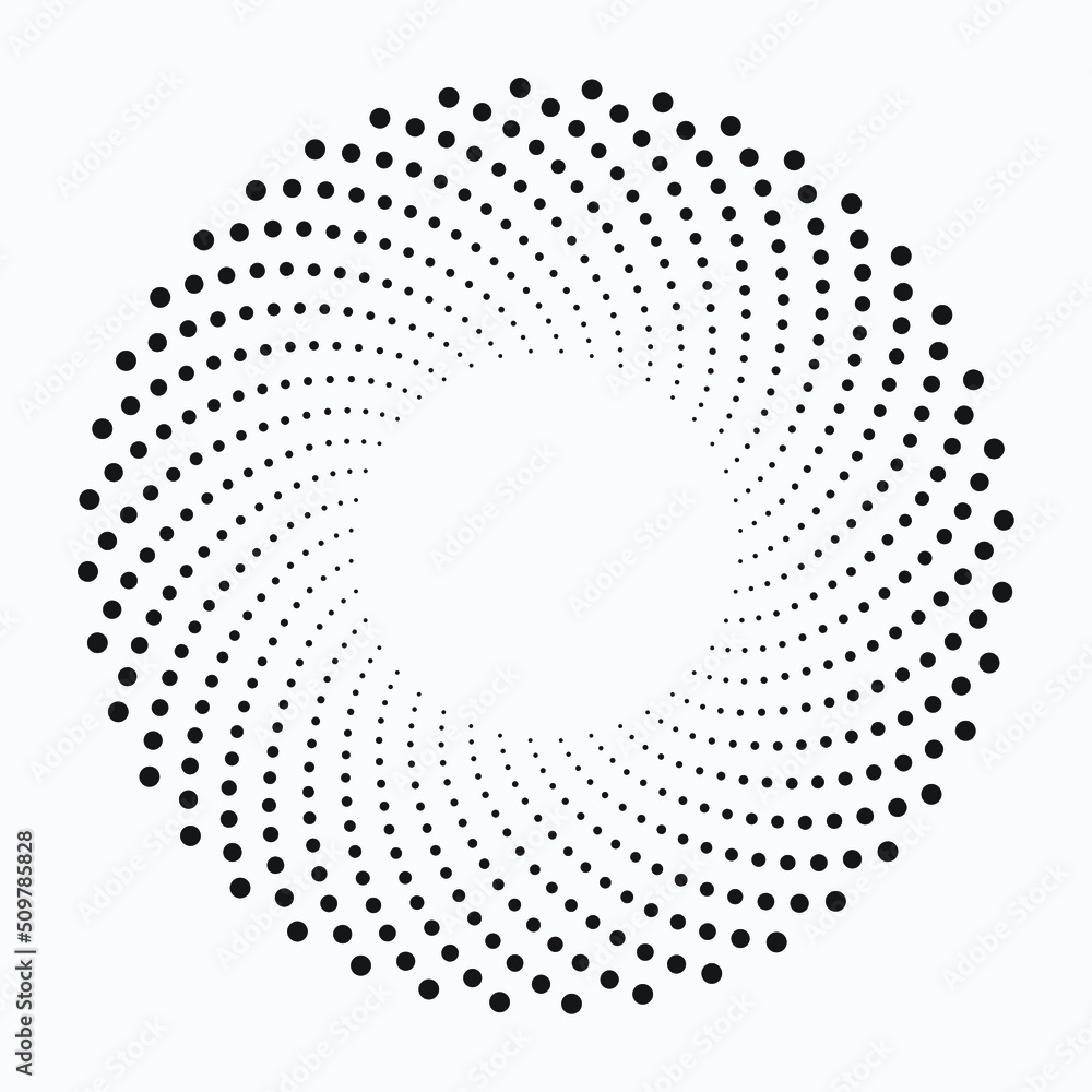 Abstract dotted object. Dotted round logo. Halftone swirl pattern. Halftone dots circle texture. Abstract circle pattern. Vector art illustration. Halftone design element. Abstract dotted object. Dotted round logo. Halftone swirl pattern. Halftone dots circle texture. Abstract circle pattern. Vector art illustration. Halftone design element.