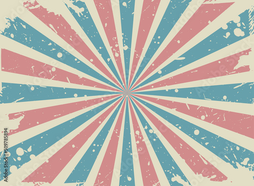 Sunlight retro narrow faded grunge background. red, blue and beige color burst background.