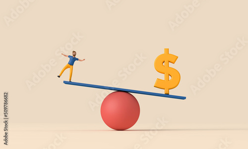 person balancing on a seesaw with a dollar finance money symbol. 3D Rendering