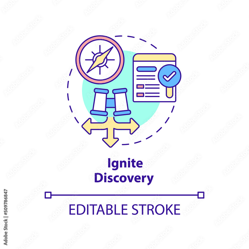 Ignite discovery concept icon. How to get found on internet. SEO pillar abstract idea thin line illustration. Isolated outline drawing. Editable stroke. Arial, Myriad Pro-Bold fonts used
